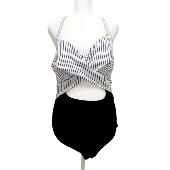 Striped Halter One-Piece Swimsuit Adjustable Straps Size XL Eomenie Black White - Picture 3 of 13